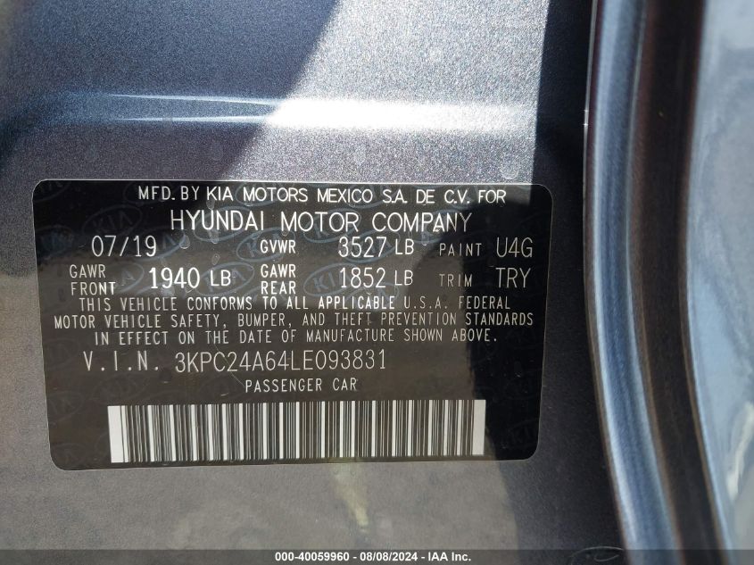 2020 Hyundai Accent Sel VIN: 3KPC24A64LE093831 Lot: 40059960