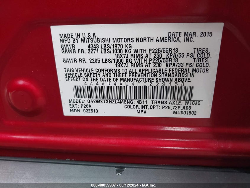 2015 Mitsubishi Outlander Sport Se VIN: 4A4AR4AU4FE029458 Lot: 40059987