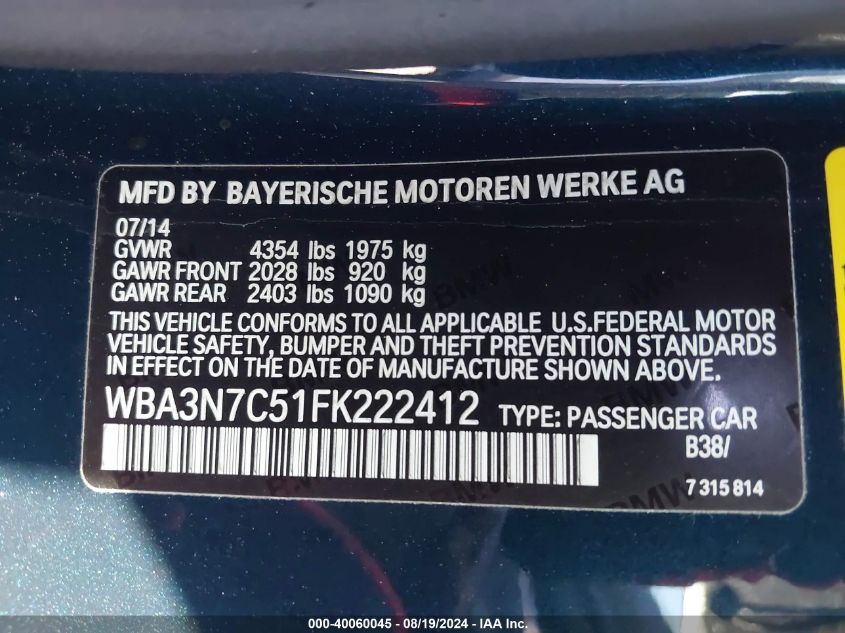 2015 BMW 428I VIN: WBA3N7C51FK222412 Lot: 40060045