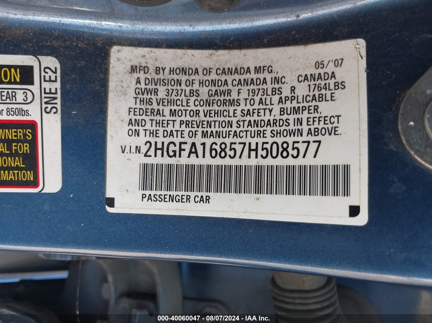 2007 Honda Civic Ex VIN: 2HGFA16857H508577 Lot: 40060047