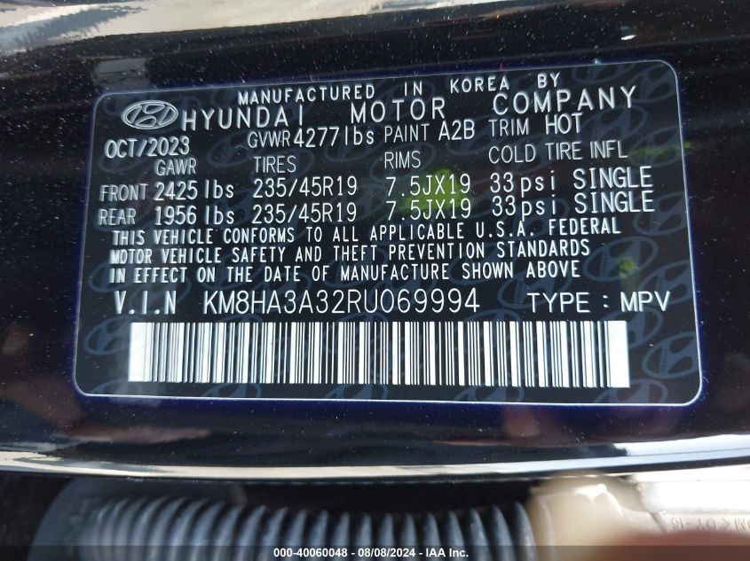 2024 Hyundai Kona N Line VIN: KM8HA3A32RU069994 Lot: 40060048