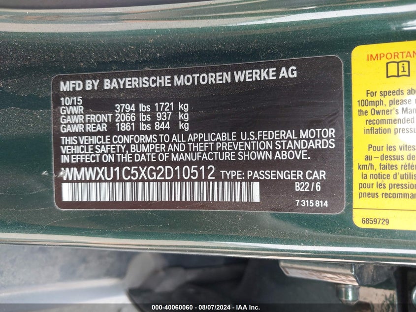 2016 Mini Hardtop Cooper VIN: WMWXU1C5XG2D10512 Lot: 40060060