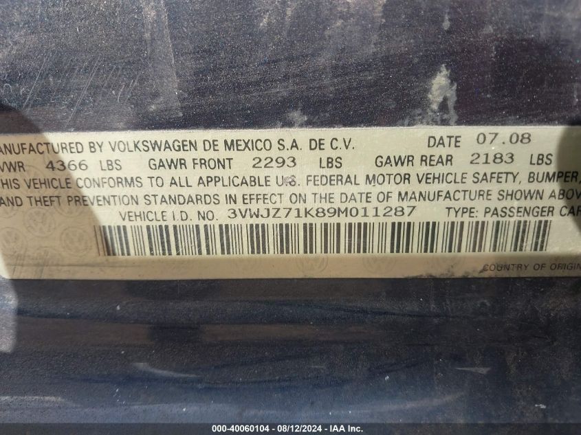 2009 Volkswagen Jetta S VIN: 3VWJZ71K89M011287 Lot: 40060104
