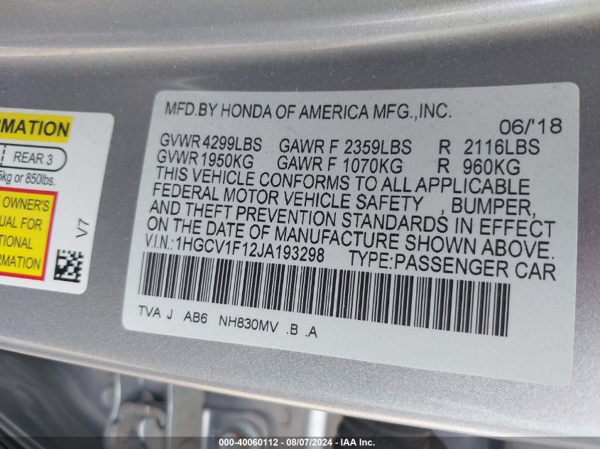 1HGCV1F12JA193298 2018 Honda Accord Lx