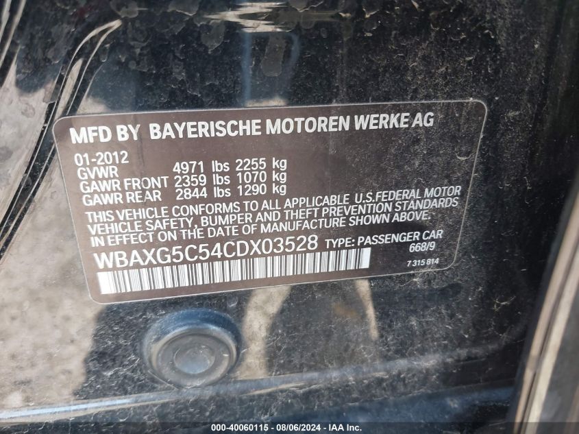 2012 BMW 528I VIN: WBAXG5C54CDX03528 Lot: 40060115