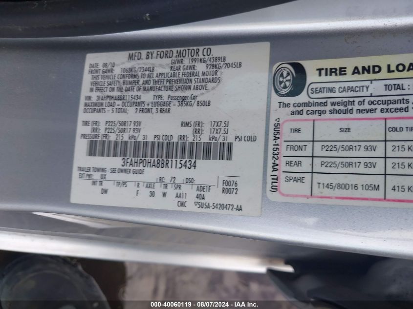 2011 Ford Fusion Se VIN: 3FAHP0HA8BR115434 Lot: 40060119