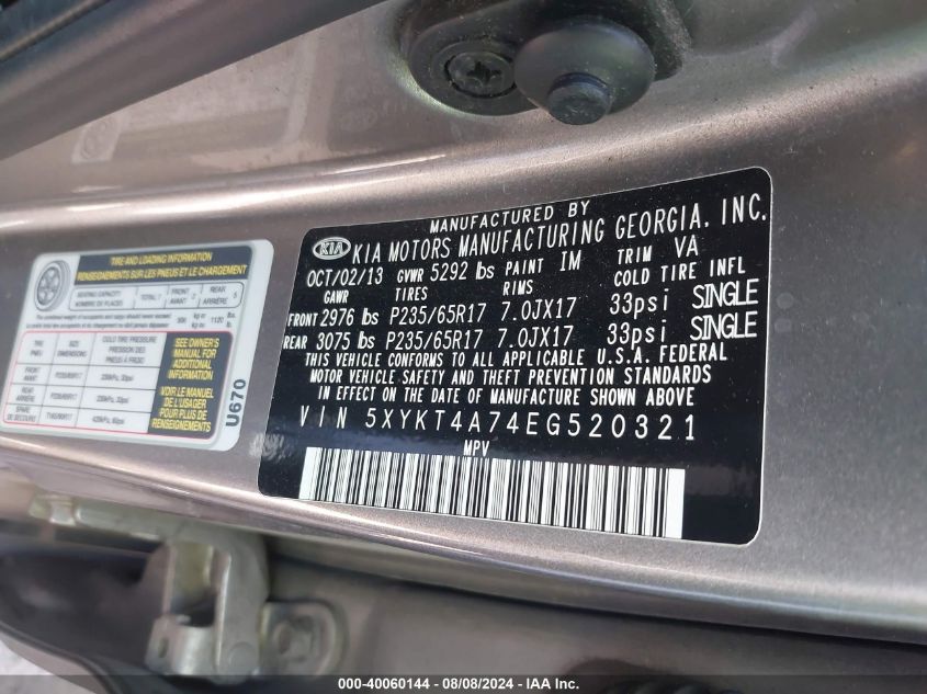 2014 KIA SORENTO VIN: 5XYKT4A74EG520321