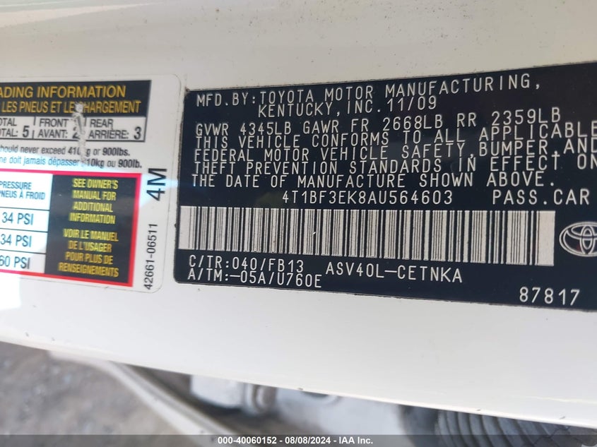 2010 Toyota Camry Le VIN: 4T1BF3EK8AU564603 Lot: 40060152