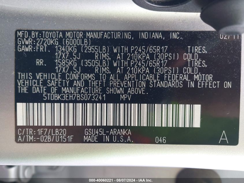 2011 Toyota Highlander Se V6 VIN: 5TDBK3EH7BS073241 Lot: 40060221