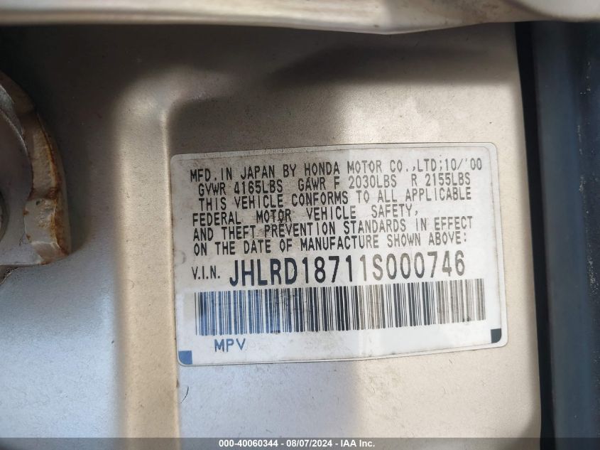 2001 Honda Cr-V Special Edition VIN: JHLRD18711S000746 Lot: 40060344