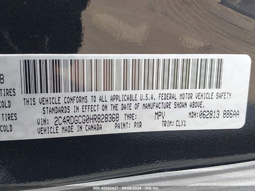 2017 Dodge Grand Caravan Sxt VIN: 2C4RDGCG0HR828368 Lot: 40060427