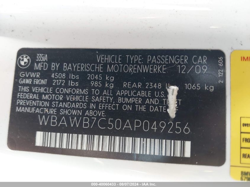 2010 BMW 335I I VIN: WBAWB7C50AP049256 Lot: 40060433
