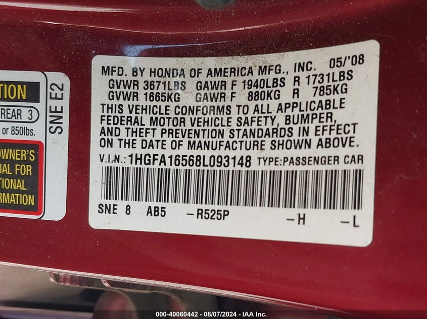 2008 Honda Civic Lx VIN: 1HGFA16568L093148 Lot: 40060442