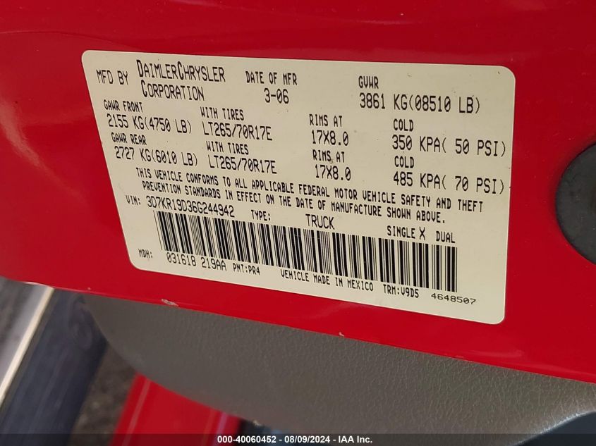 2006 Dodge Ram 1500 Slt VIN: 3D7KR19D36G244942 Lot: 40060452