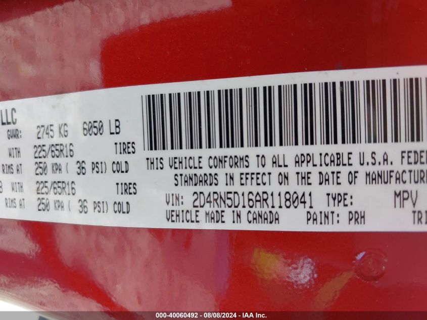 2010 Dodge Grand Caravan Sxt VIN: 2D4RN5D16AR118041 Lot: 40060492