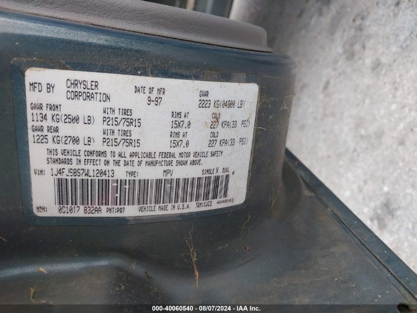 1998 Jeep Cherokee Classic/Limited/Sport VIN: 1J4FJ68S7WL120413 Lot: 40060540