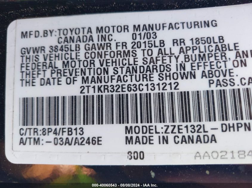 2003 Toyota Matrix Xr VIN: 2T1KR32E63C131212 Lot: 40060543