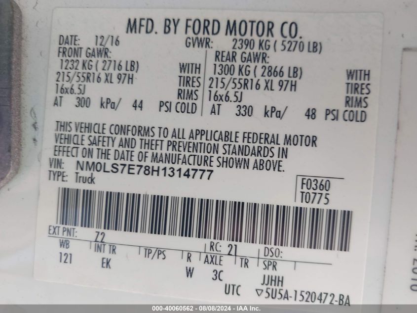 2017 Ford Transit Connect Xl VIN: NM0LS7E78H1314777 Lot: 40060562