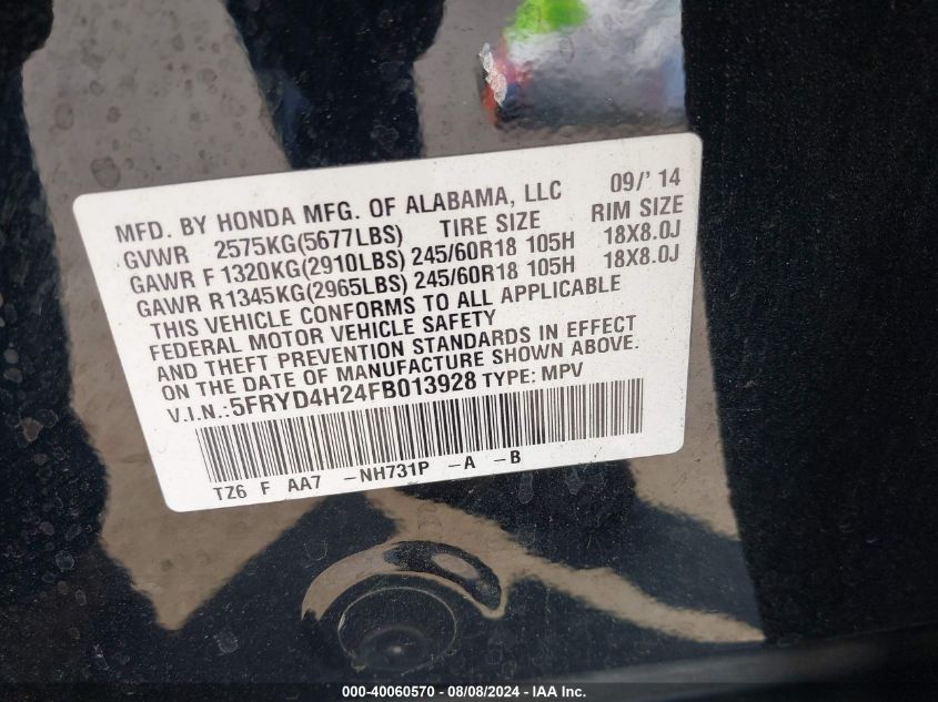 2015 Acura Mdx VIN: 5FRYD4H24FB013928 Lot: 40060570