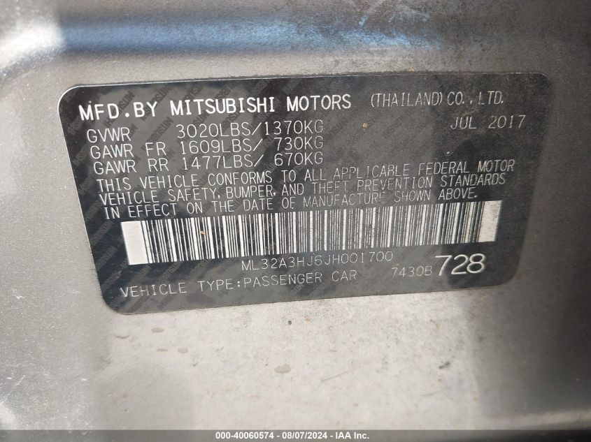 ML32A3HJ6JH001700 2018 Mitsubishi Mirage Es