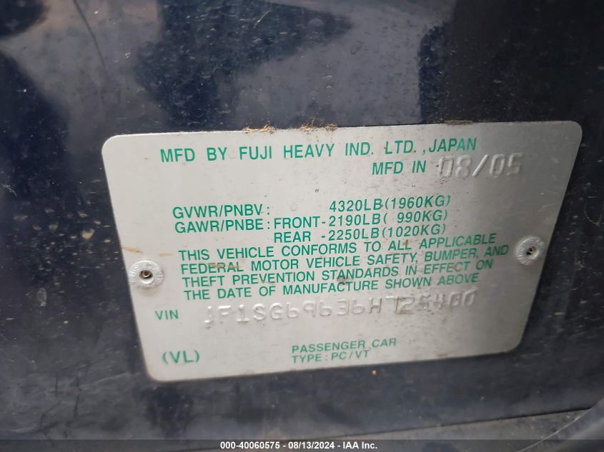 2006 Subaru Forester 2.5Xt Limited VIN: JF1SG69636H725400 Lot: 40060575