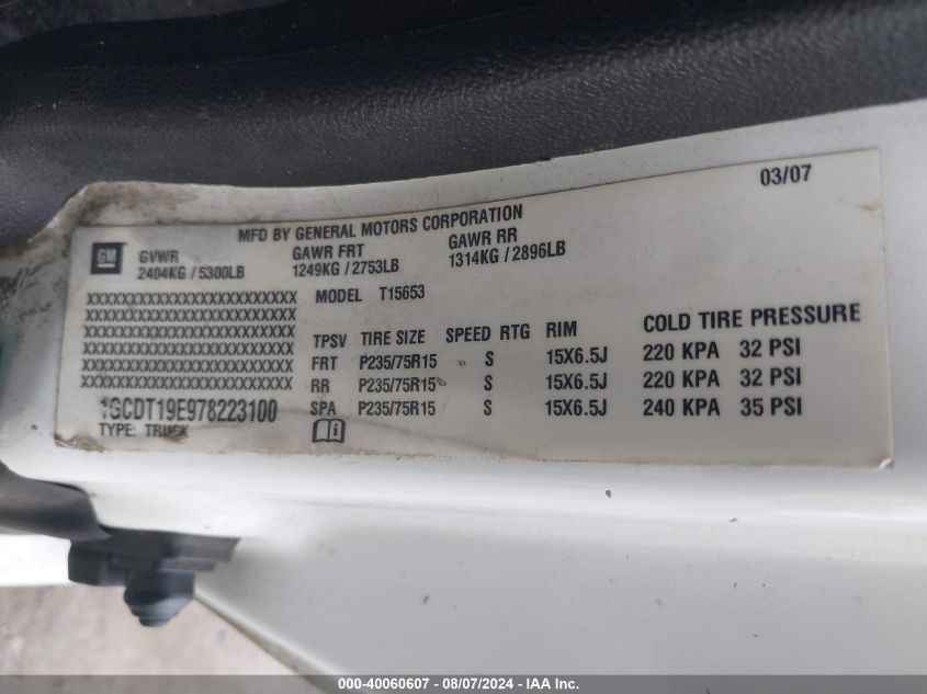 2007 Chevrolet Colorado Lt VIN: 1GCDT19E978223100 Lot: 40060607