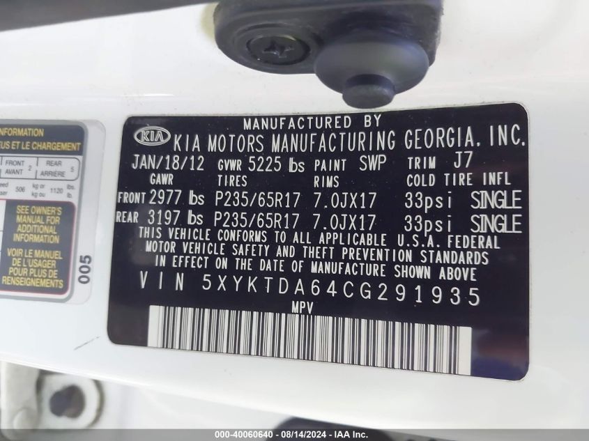 2012 Kia Sorento Lx VIN: 5XYKTDA64CG291935 Lot: 40060640