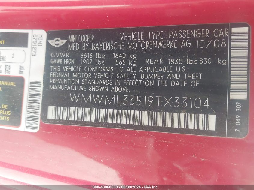 2009 Mini Cooper Clubman VIN: WMWML33519TX33104 Lot: 40060660