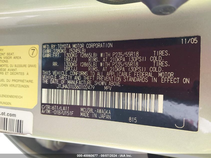 2006 Lexus Rx 330 VIN: JTJHA31U360102479 Lot: 40060677