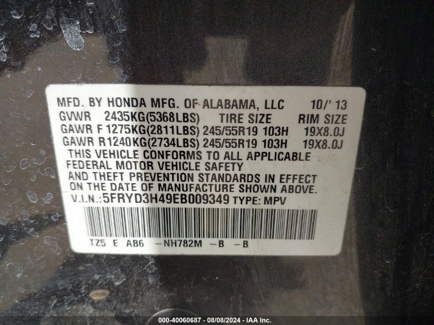 2014 Acura Mdx Technology Package VIN: 5FRYD3H49EB009349 Lot: 40060687