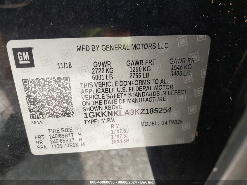 2019 GMC Acadia Sle-1 VIN: 1GKKNKLA3KZ185254 Lot: 40060695