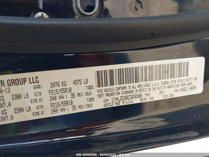 2014 Jeep Compass Latitude VIN: 1C4NJDEB8ED620308 Lot: 40060696