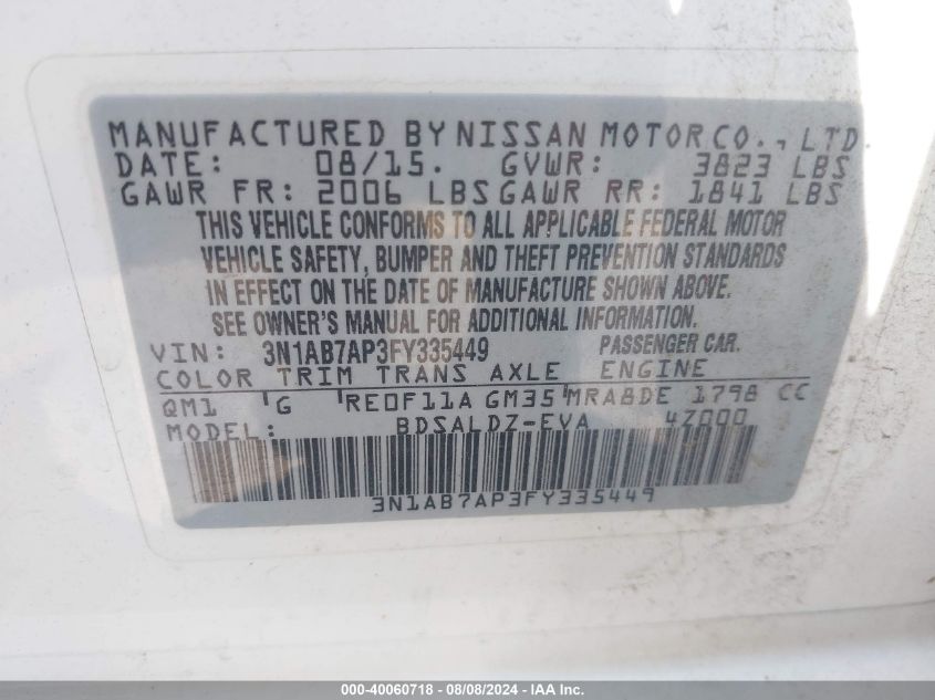 2015 NISSAN SENTRA S/SV/SR/SL - 3N1AB7AP3FY335449