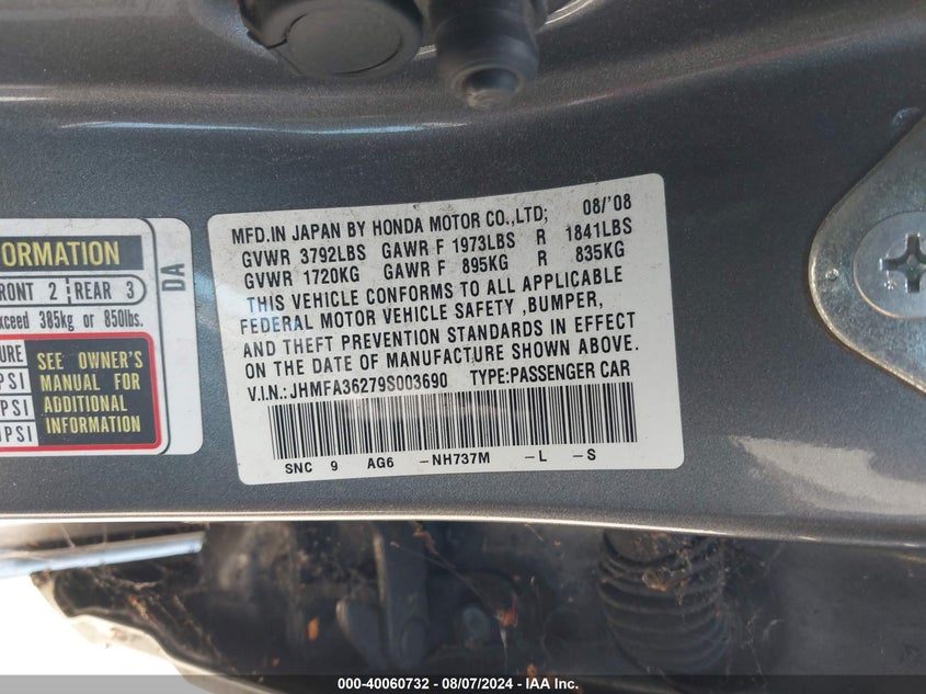 2009 Honda Civic Hybrid VIN: JHMFA36279S003690 Lot: 40060732