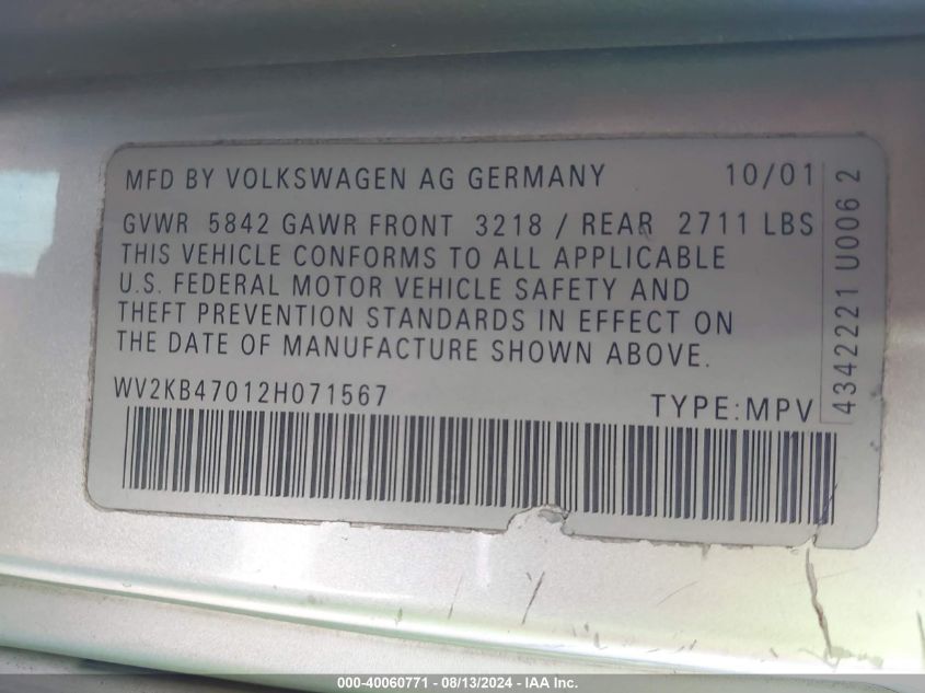 2002 Volkswagen Eurovan Gls VIN: WV2KB47012H071567 Lot: 40060771