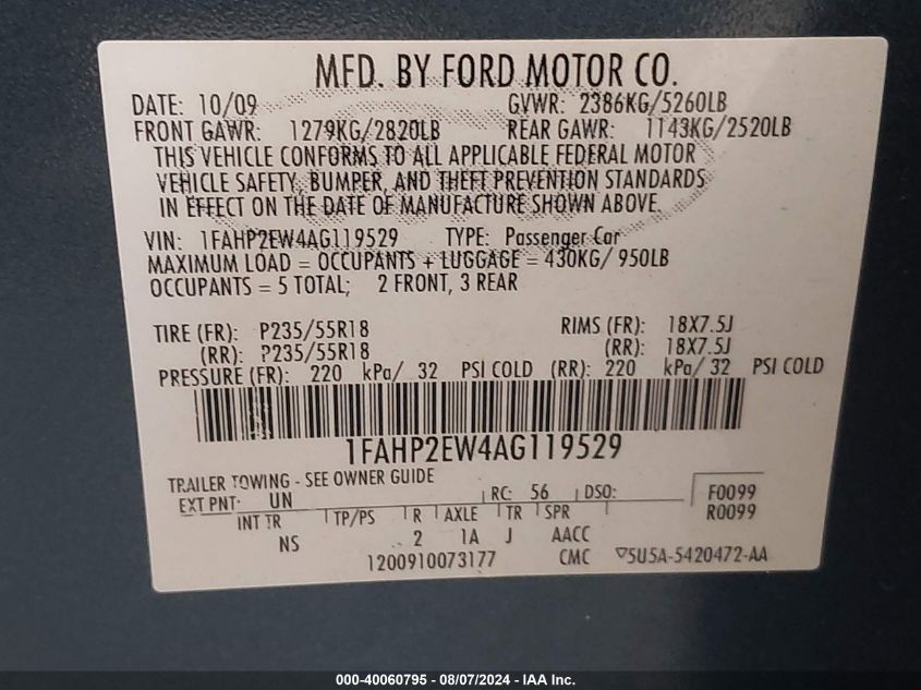 2010 Ford Taurus Sel VIN: 1FAHP2EW4AG119529 Lot: 40060795