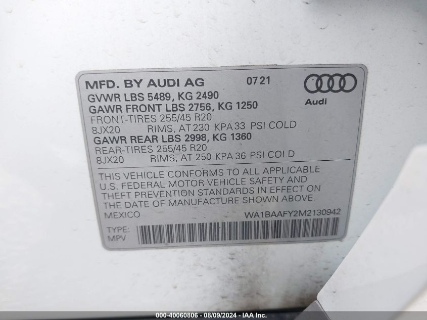 WA1BAAFY2M2130942 2021 Audi Q5 Premium Plus 45 Tfsi Quattro S Tronic