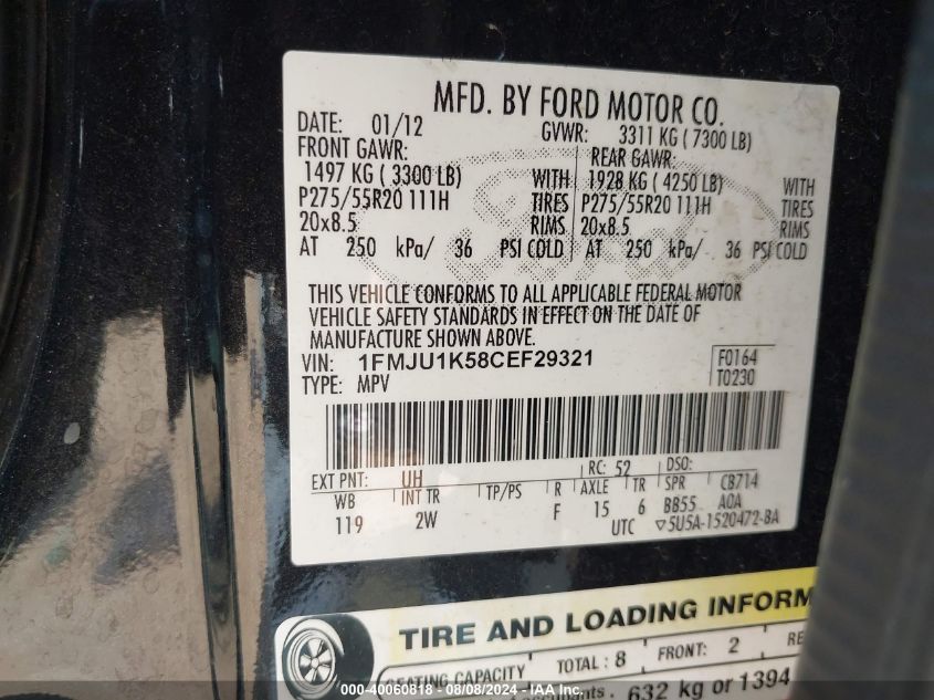 2012 Ford Expedition Limited VIN: 1FMJU1K58CEF29321 Lot: 40060818