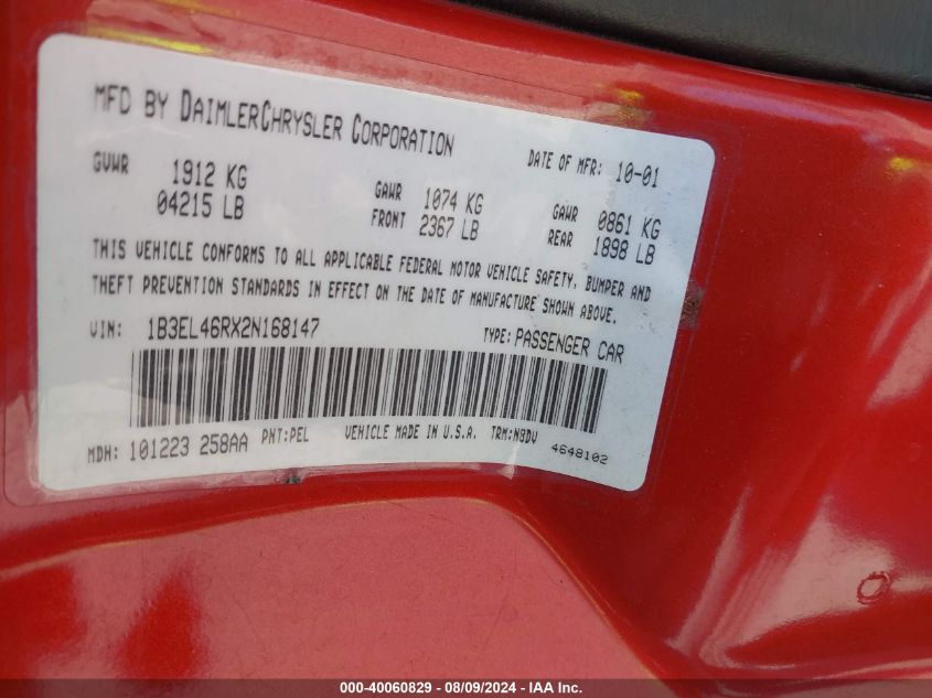 2002 Dodge Stratus Se Plus VIN: 1B3EL46RX2N168147 Lot: 40060829