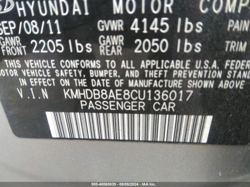 2012 Hyundai Elantra Touring Gls VIN: KMHDB8AE8CU136017 Lot: 40060839