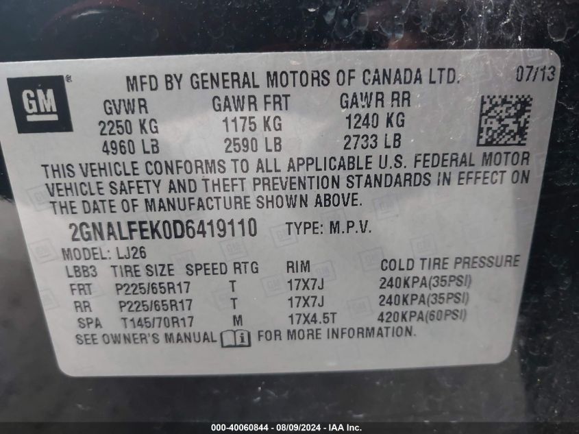 2013 Chevrolet Equinox Ltz VIN: 2GNALFEK0D6419110 Lot: 40060844