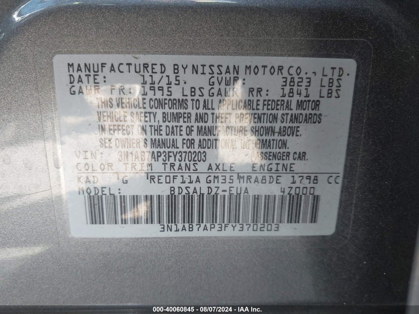 2015 Nissan Sentra S/Sv/Sr/Sl VIN: 3N1AB7AP3FY370203 Lot: 40060845