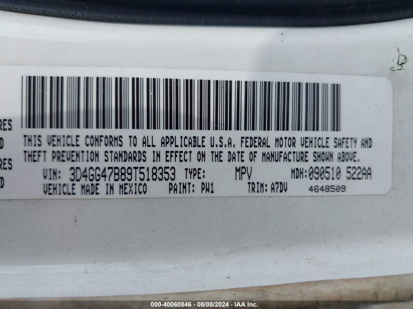 2009 Dodge Journey Se VIN: 3D4GG47B89T518353 Lot: 40060846