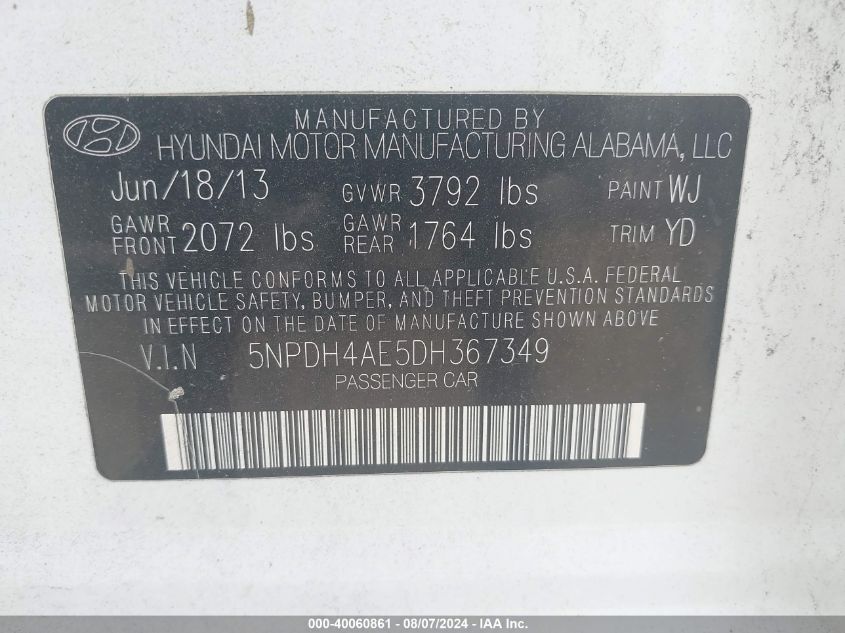 5NPDH4AE5DH367349 | 2013 HYUNDAI ELANTRA