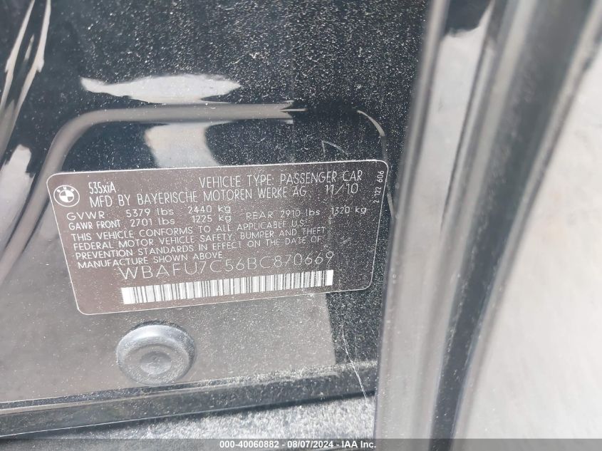 2011 BMW 535I xDrive VIN: WBAFU7C56BC870669 Lot: 40060882