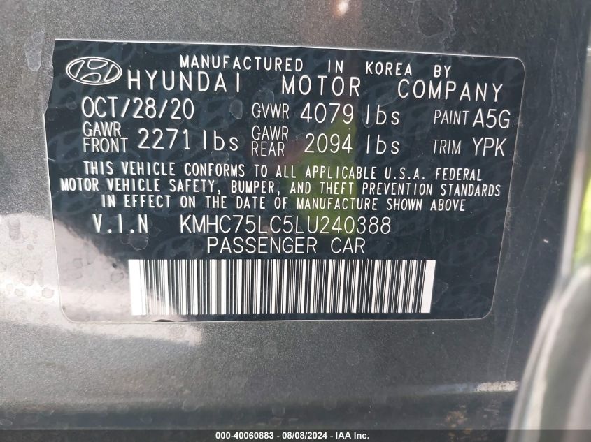 2020 Hyundai Ioniq Se VIN: KMHC75LC5LU240388 Lot: 40060883