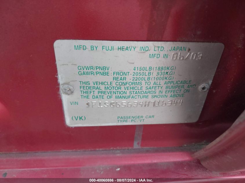 2004 Subaru Forester 2.5Xs VIN: JF1SG65634H716344 Lot: 40060886