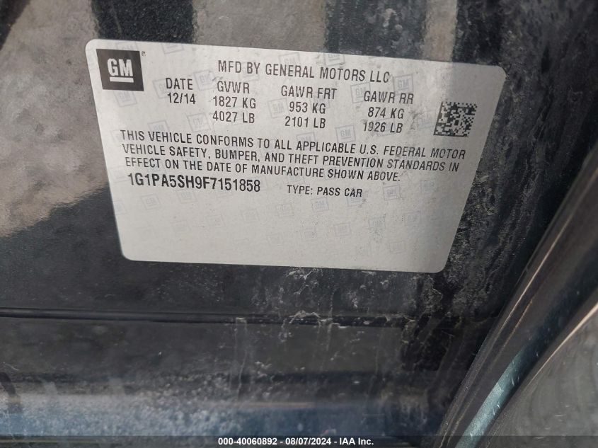 2015 Chevrolet Cruze Ls Auto VIN: 1G1PA5SH9F7151858 Lot: 40060892