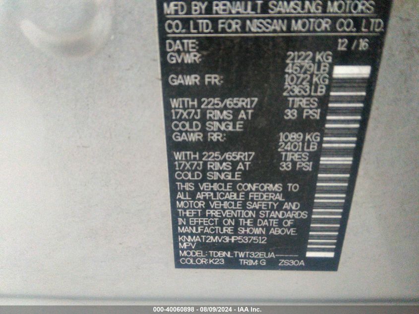 2017 Nissan Rogue Sv VIN: KNMAT2MV3HP537512 Lot: 40060898