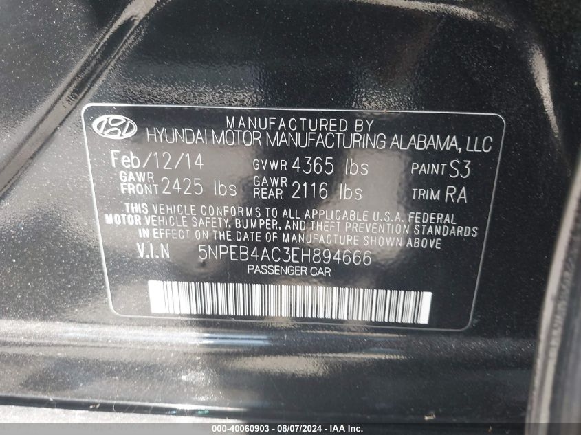 5NPEB4AC3EH894666 2014 Hyundai Sonata Gls
